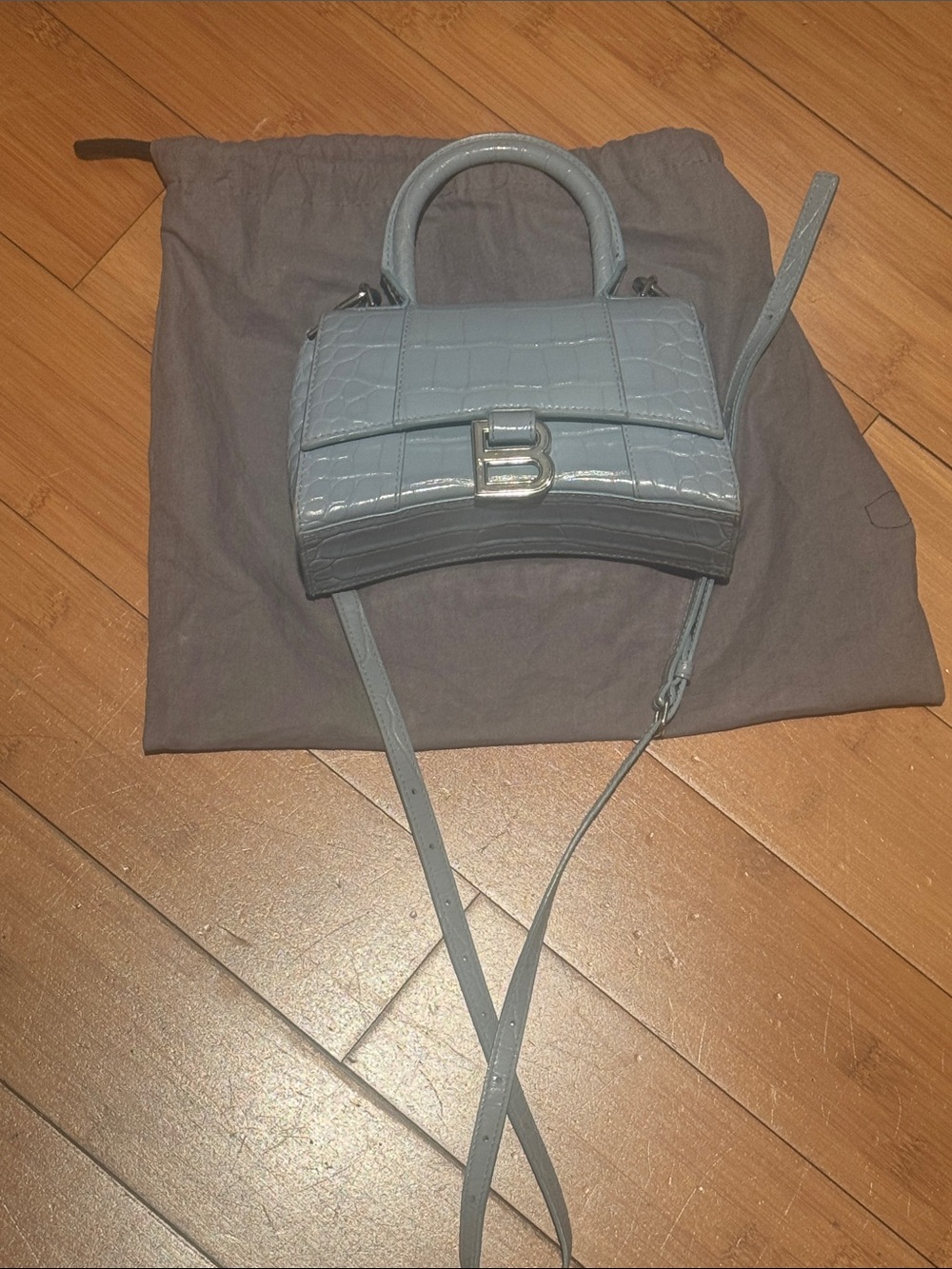 Balenciaga Mini Hourglass Top Handle Bag in Light Blue Croc-Embossed Leather